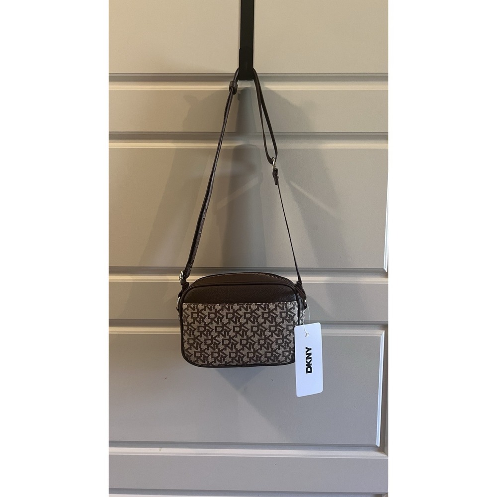 DKNY Women's Small Crossbody Bag Brown/Beige Logo Print Zip Adjustable Strap